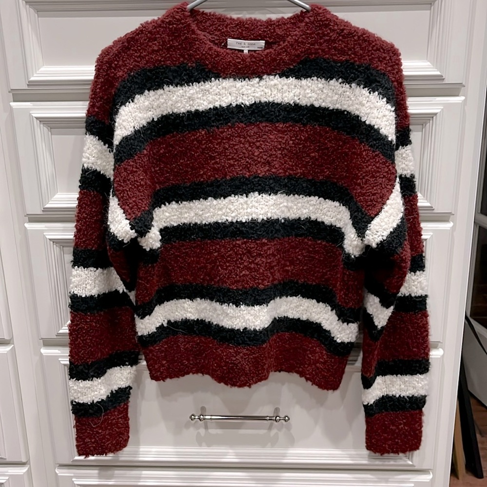 Rag & Bone Robyn Striped Pullover Sweater Burgundy & Black XS $295